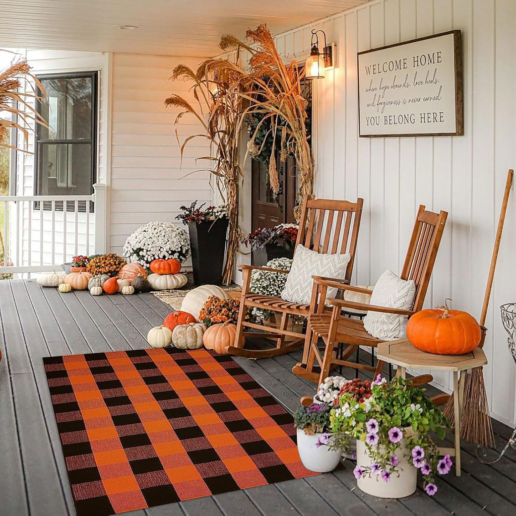 Fall Outdoor Rug Orange Buffalo Plaid Outdoor Rug Cotton Hand-Woven Buffalo Check Rug Layered Doormats for Front Door/Front Porch/Farmhouse/Entryway/Patio (Orange and Black Plaid, 3' x 5')