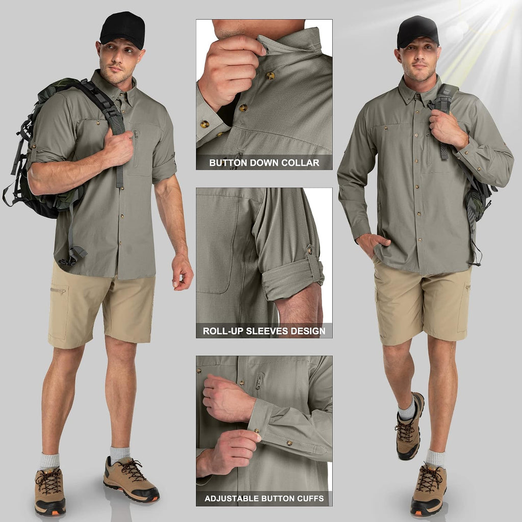 33,000ft Men's UPF 50+ UV Protection Long Sleeve Hiking Shirts Breathable Quick Dry Fishing Shirts for Safari, Outdoor