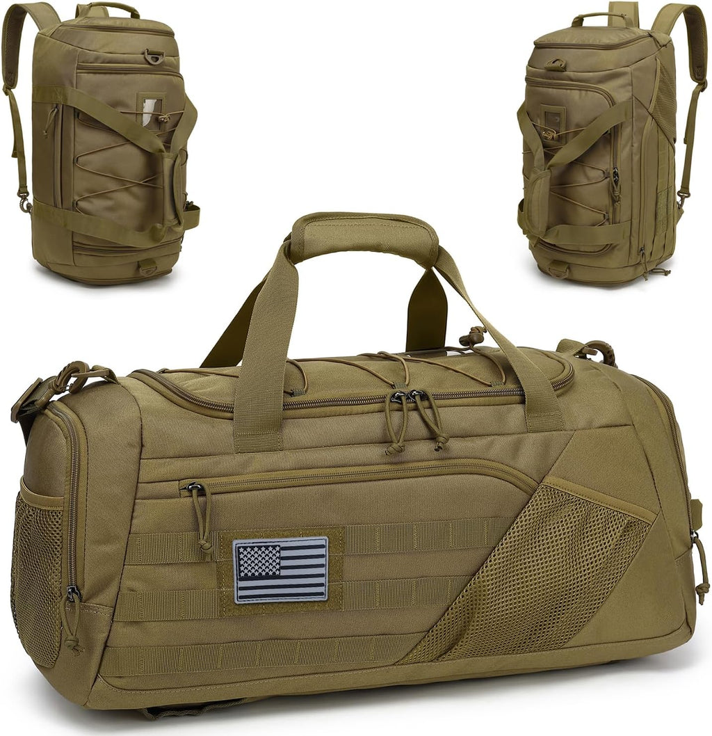 3-in-1 Tactical Gym & Travel Duffle Bag Backpack Men Multi-Functional 45L Military Sports Duffle Bag with Shoe Compartment & Wet Pocket for Workout Weekender Overnight Bag with Molle Webbing, Brown