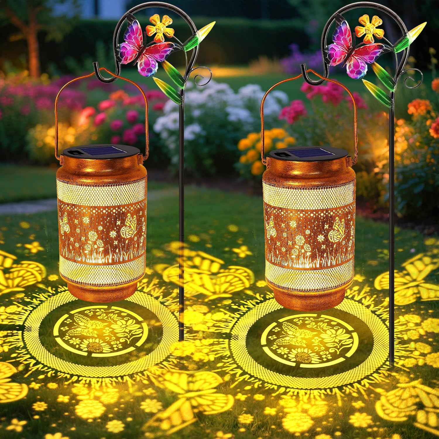 2 Pack Butterfly Solar Lanterns Outdoor Waterproof Solar Garden Decor, Birthday Gifts for Mothers Day Women Mom Grandma, Metal Hanging Lights with Shepherd Hook for Outside Yard Patio Pathway Porch