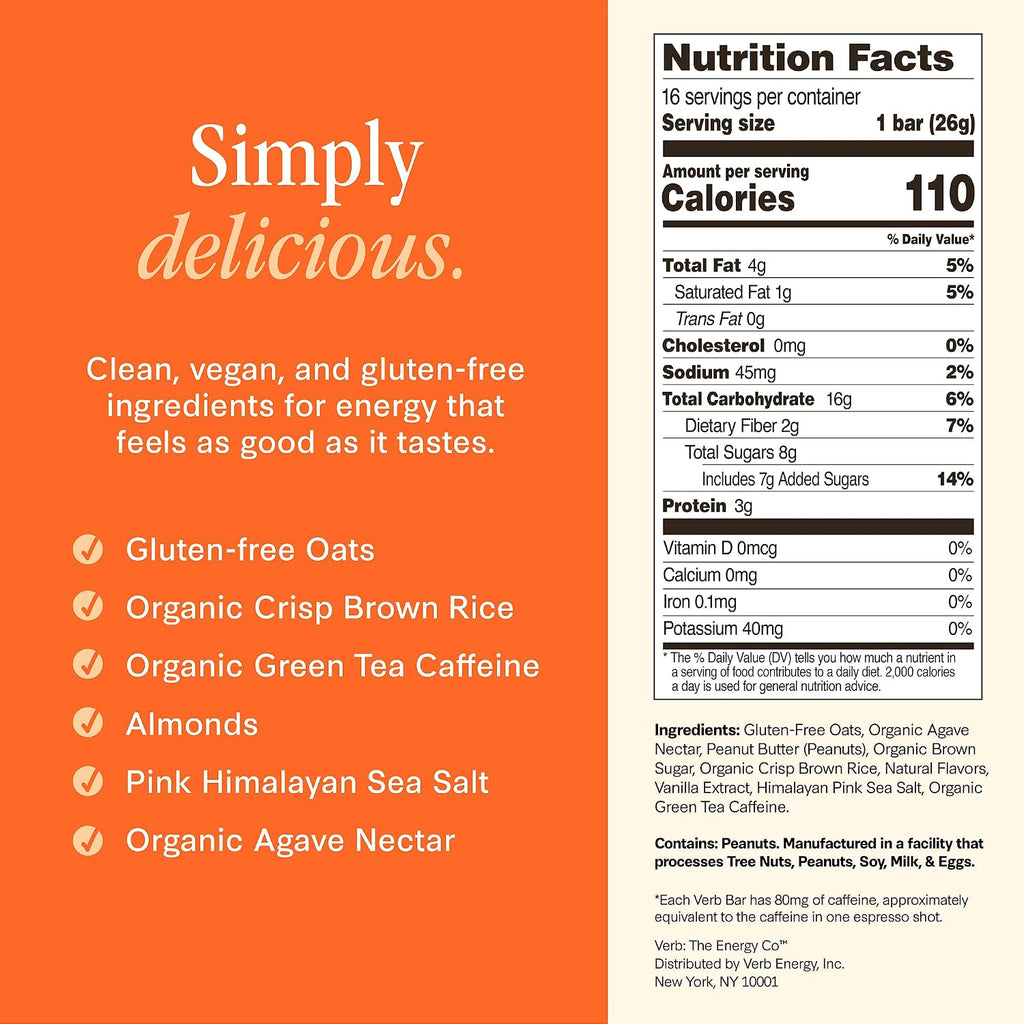 Verb Caffeinated Energy Bars Peanut Butter Cookie (26g, Pack of 16)