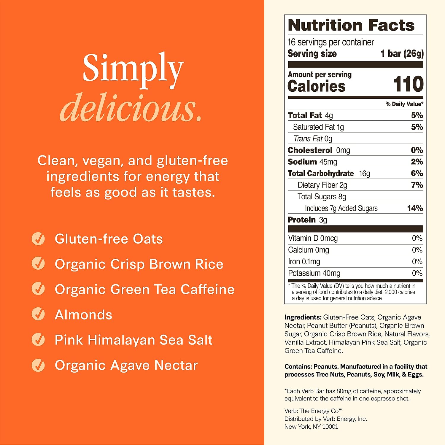 Verb Caffeinated Energy Bars Peanut Butter Cookie (26g, Pack of 16)