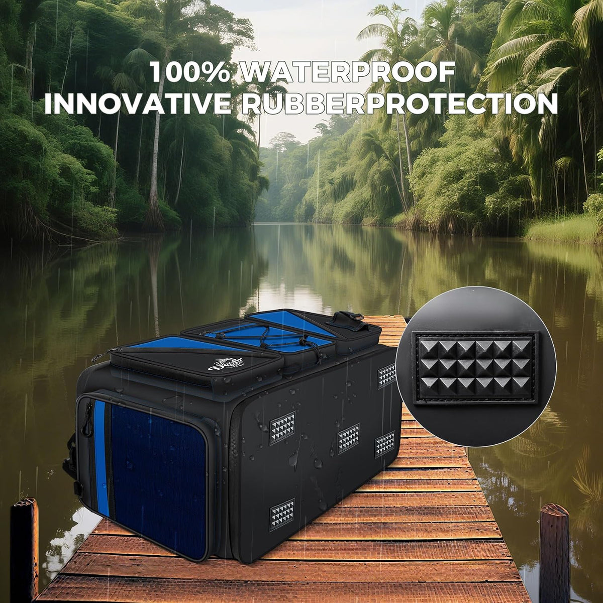 Handor Waterproof Fishing Tackle Bag, Large Saltwater Resistant Storage, 1000D PVC Material, Holds 3600 3700 Trays (Black and Blue, Large Bag)