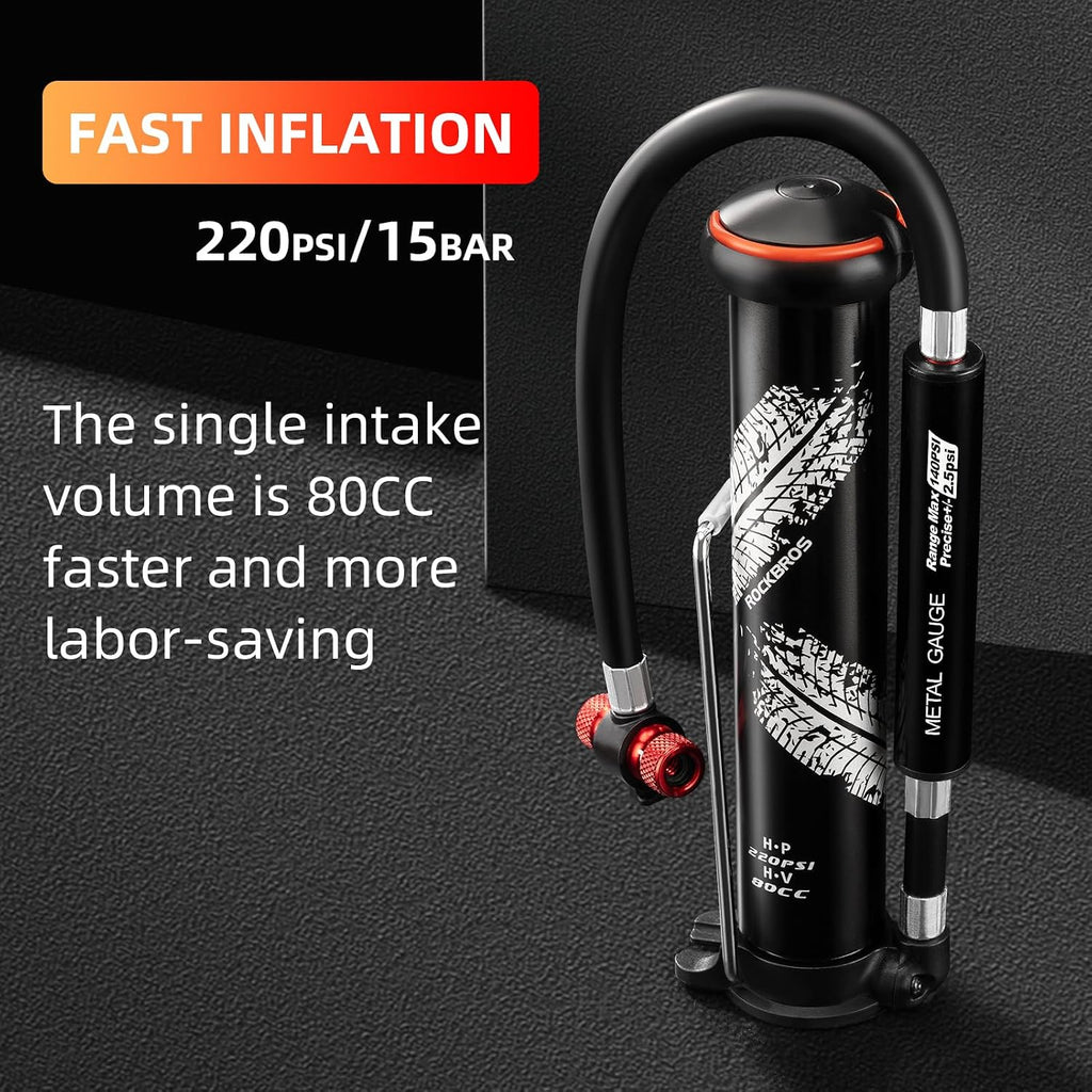 ROCKBROS 220PSI Mini Floor Pump with Hidden Pressure Gauge