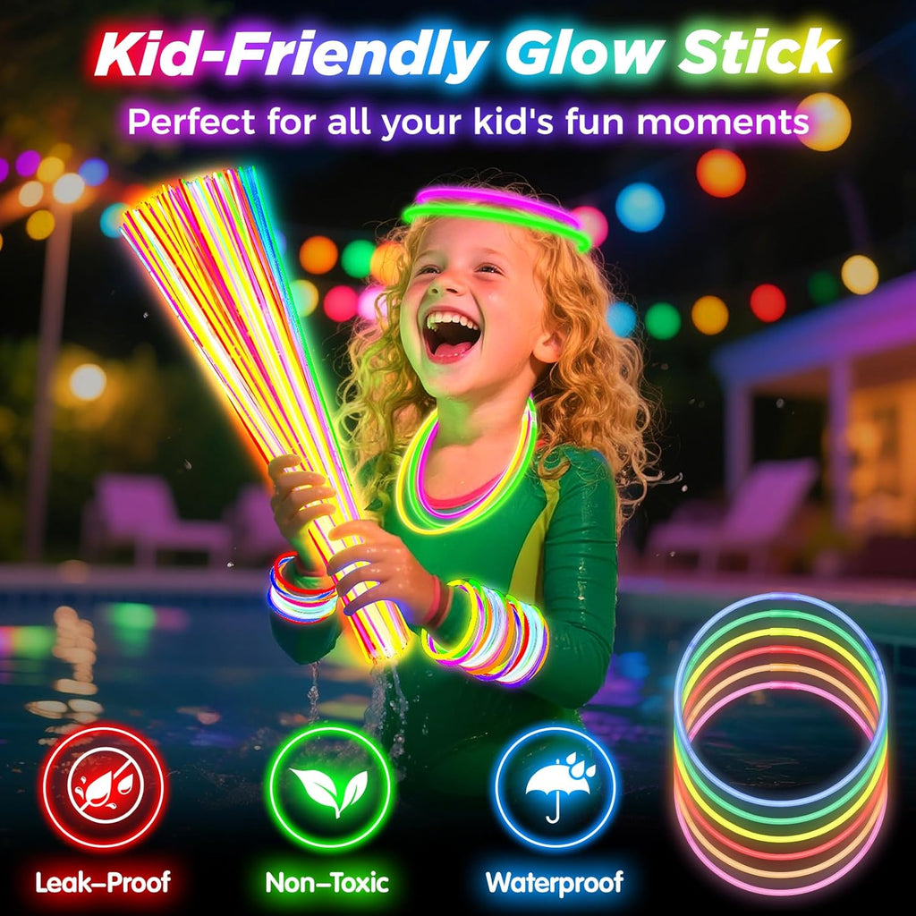 100Pcs Glow Sticks Bulk - 22 inch Glow In the Dark Sticks Party Supplies, Neon Glow Party Pack for Kids with 9 Hours Duration, Glowsticks Party Favor Glow Necklace & Bracelet with 100Pcs Connectors