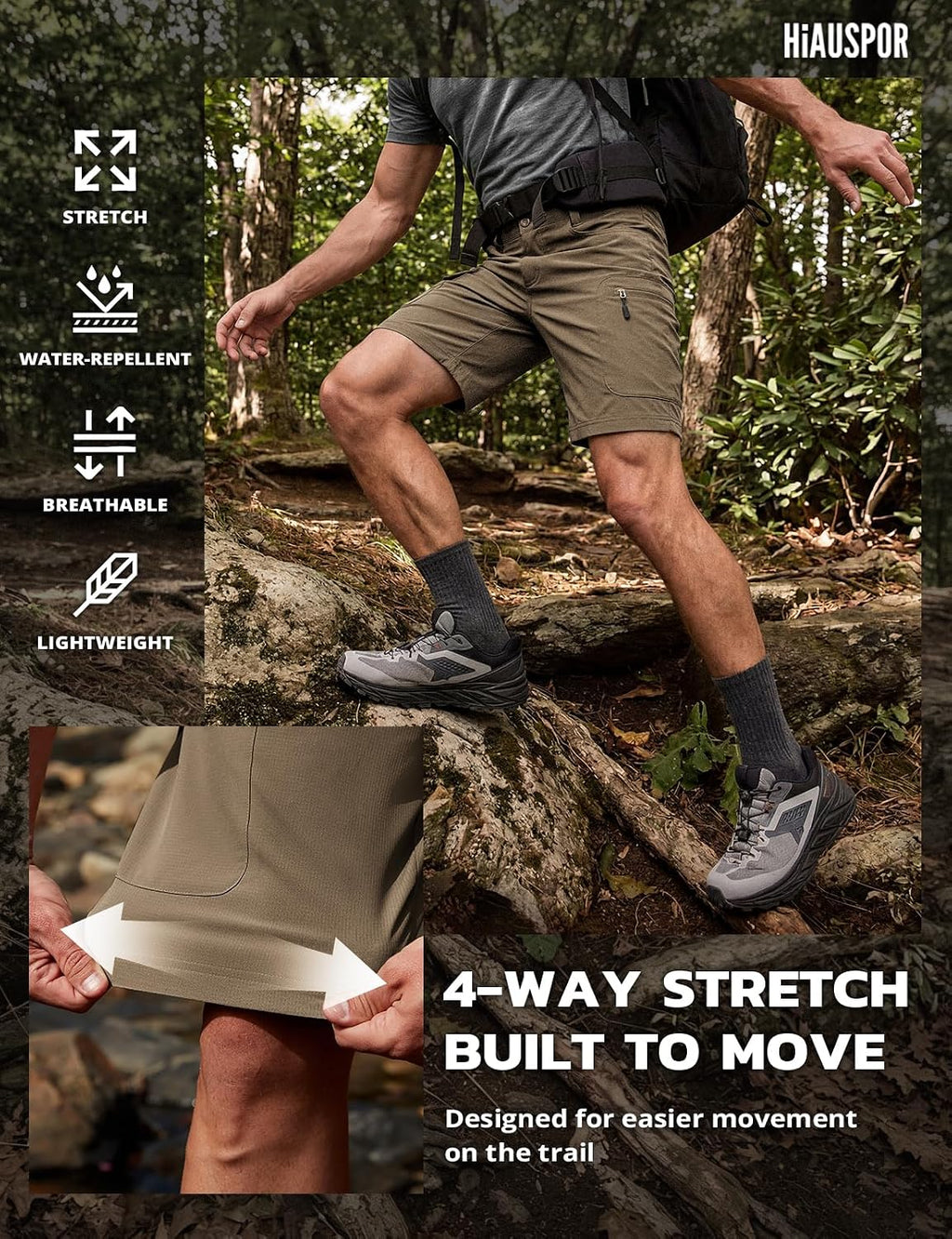 Hiauspor Men's Hiking Cargo Shorts: Quick Dry Lightweight with 6 Pockets