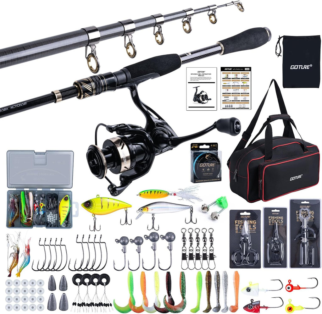 GOTURE Telescopic Fishing Rod and Reel Combos, Carbon Fiber Travel Fishing Pole, 9+1 BB Spinning Reel, Saltwater Freshwater Fishing Gear Kit with Braided Line, Lures, Carrier Bag for Bass Trout
