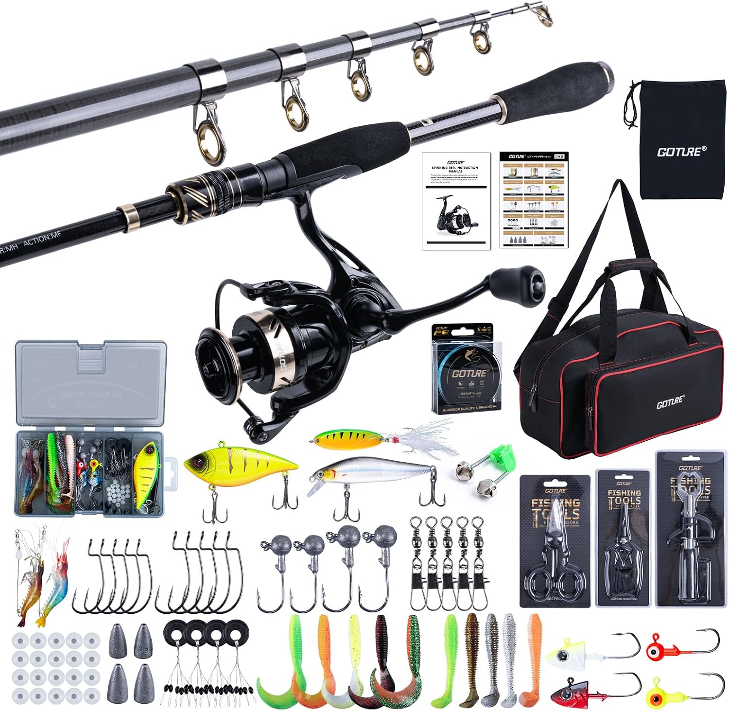GOTURE Telescopic Fishing Rod and Reel Combos, Carbon Fiber Travel Fishing Pole, 9+1 BB Spinning Reel, Saltwater Freshwater Fishing Gear Kit with Braided Line, Lures, Carrier Bag for Bass Trout