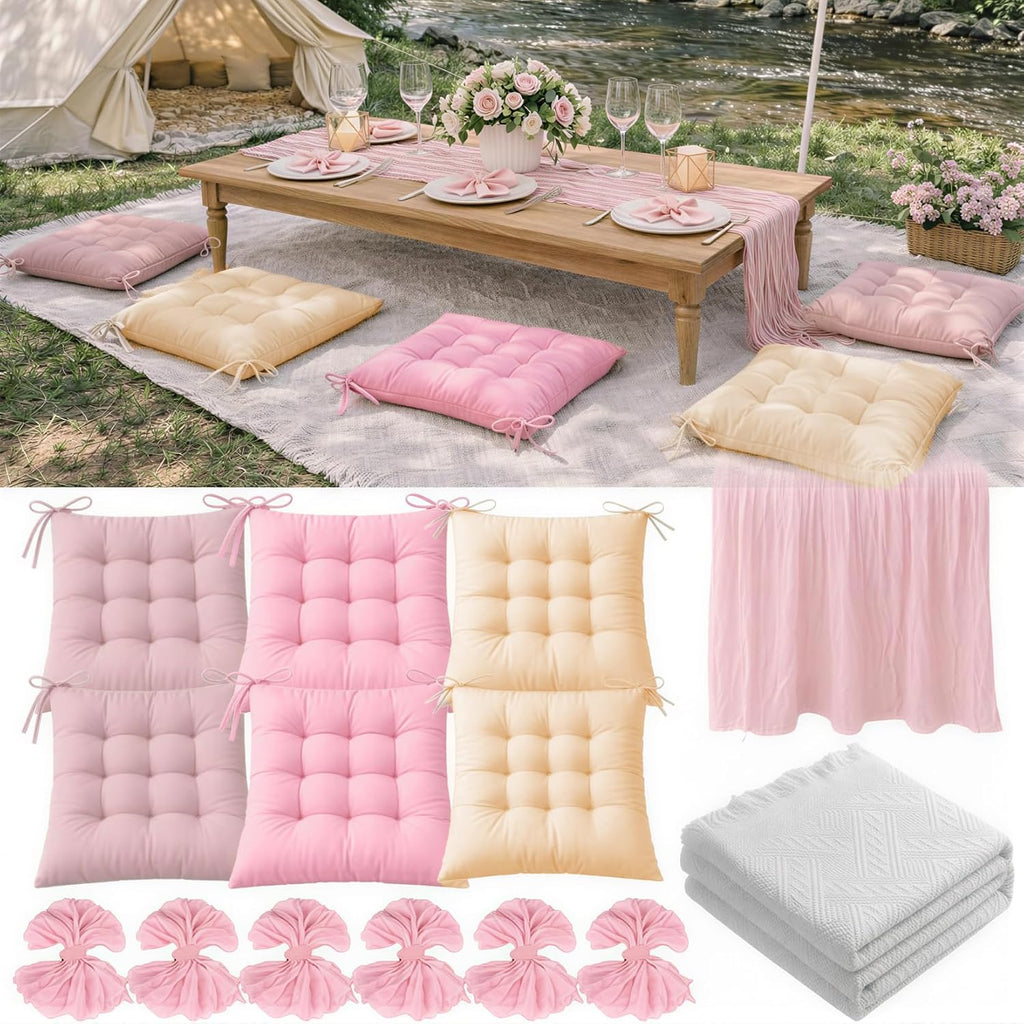 Extra Large Picnic Blanket Set with Tablecloth, 6 Cushions, Table Runner