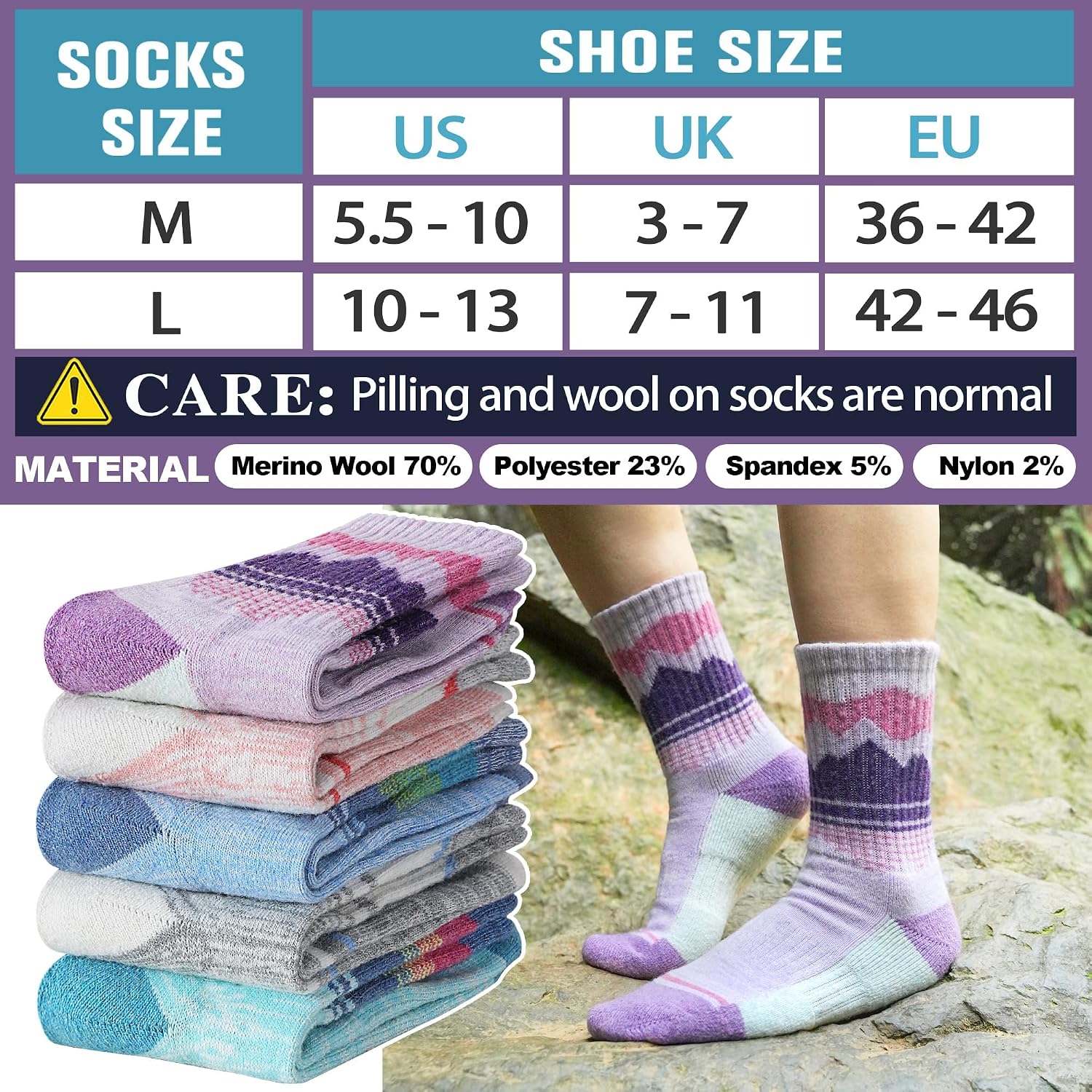 Sandsuced Merino Wool Hiking Warm Socks Thermal Winter Cozy Crew with Cushioned Sole & Moisture Wicking 5 Pairs for Women
