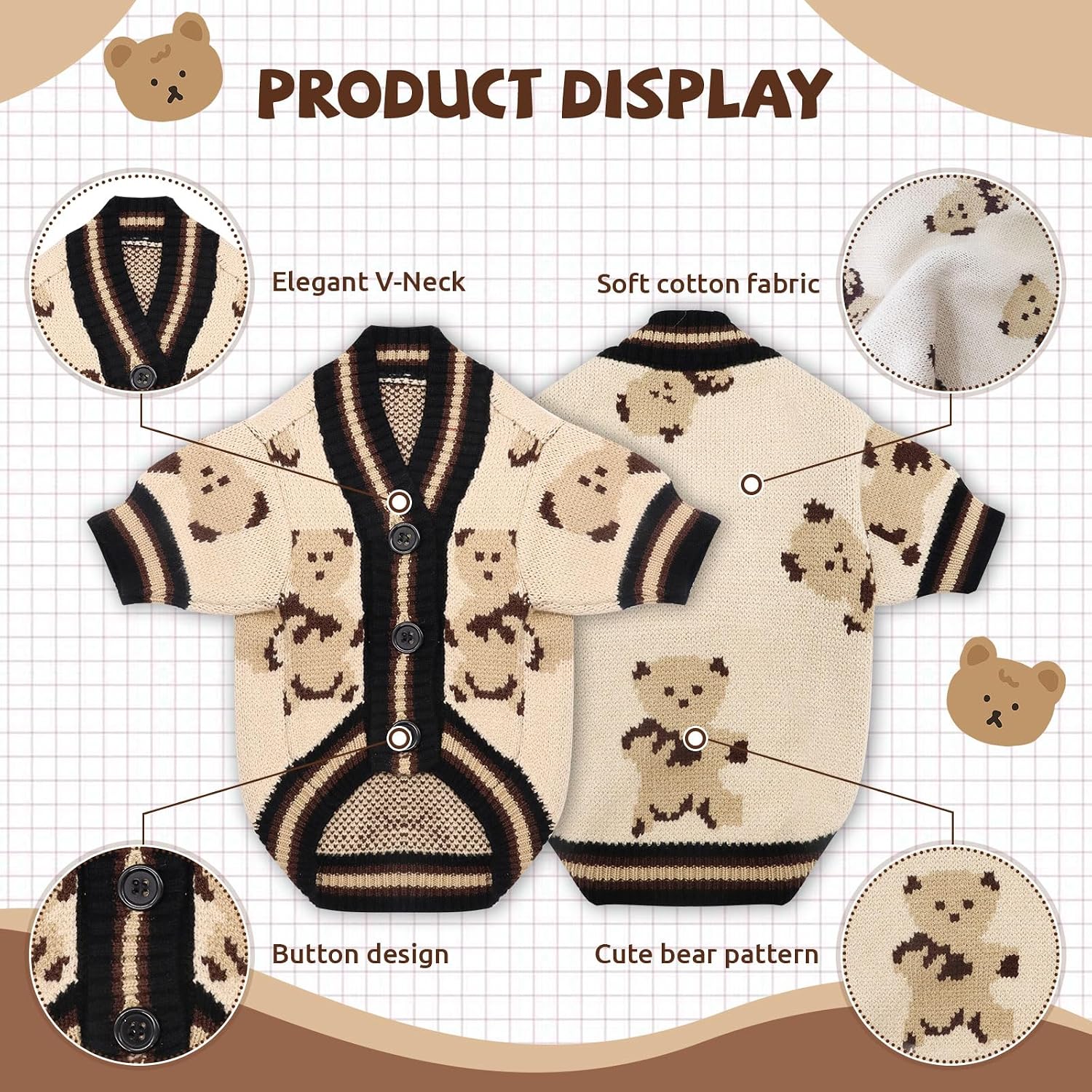 Small Dog Sweaters Cute Bear Knitted Dog Cardigans Clothes for Small Medium Dogs Soft Pet Puppy Cat Knitting Outfits Fall Winter Warm Boy Girl Dogs Knitwear Coat Apparel(Beige, X-Small)