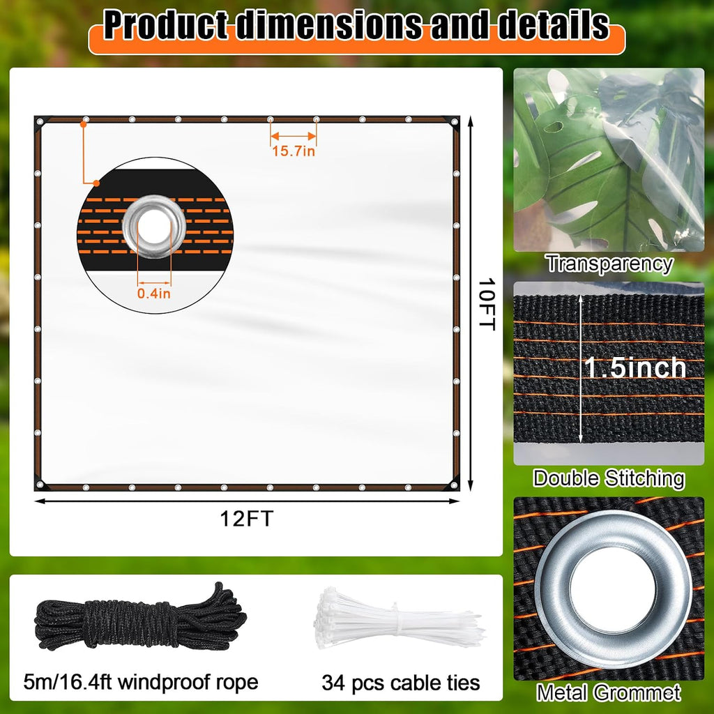 10x12FT Heavy Duty Clear Waterproof Tarp,Outdoor Garden Rainproof Covering