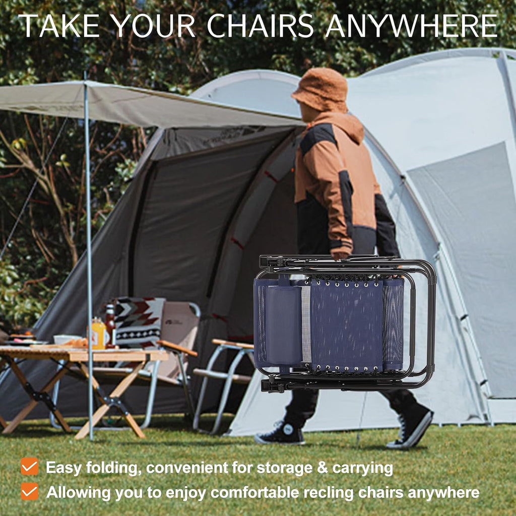 Sweetcrispy Zero Gravity Chairs, Set of 2 Portable Recliner Beach Camping Patio Outdoor Folding Lounge Chair with Cup Holder Trays and Adjustable Pillow for Poolside, Garden, Backyard, Lawn, Blue