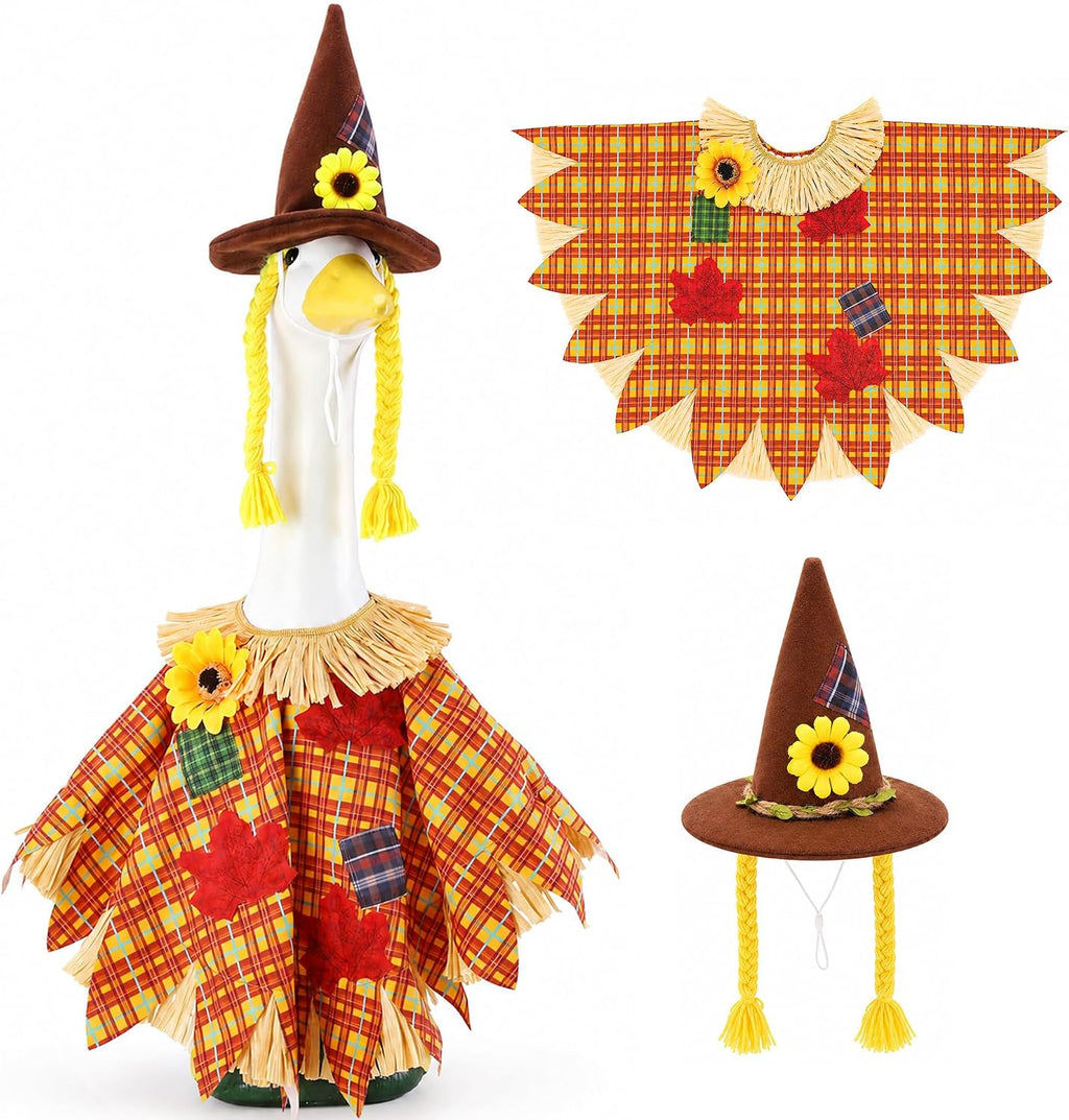 DECOHS 2 Pcs/Set Scarecrow Porch Goose Outfits, Fall Thanksgiving Lawn Goose Statue Scarecrow Costume, Garden Goose Scarecrows Clothes Hat for 23" Statue Autumn Halloween Outdoor Patio Yard Decoration