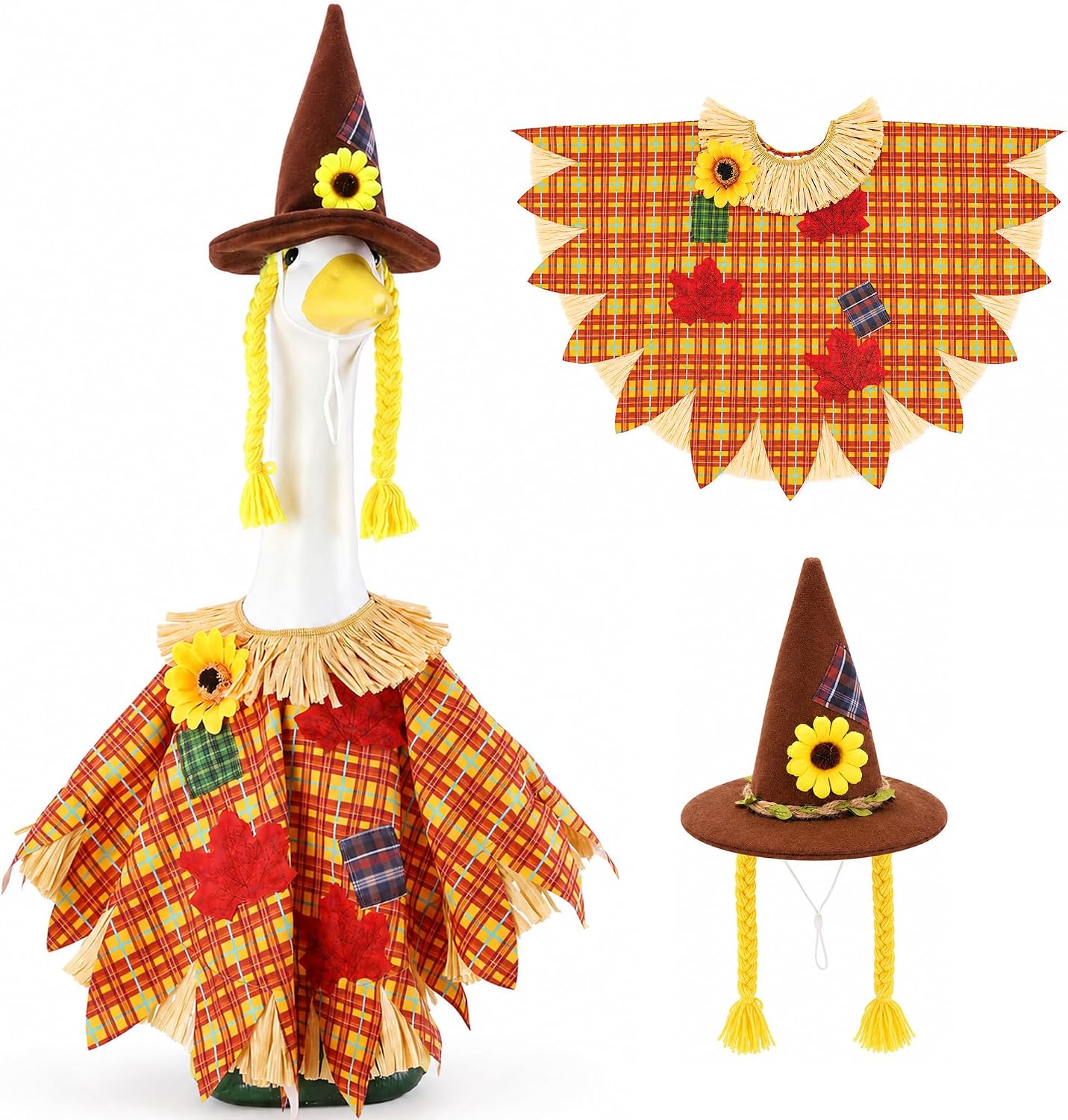 DECOHS 2 Pcs/Set Scarecrow Porch Goose Outfits, Fall Thanksgiving Lawn Goose Statue Scarecrow Costume, Garden Goose Scarecrows Clothes Hat for 23" Statue Autumn Halloween Outdoor Patio Yard Decoration