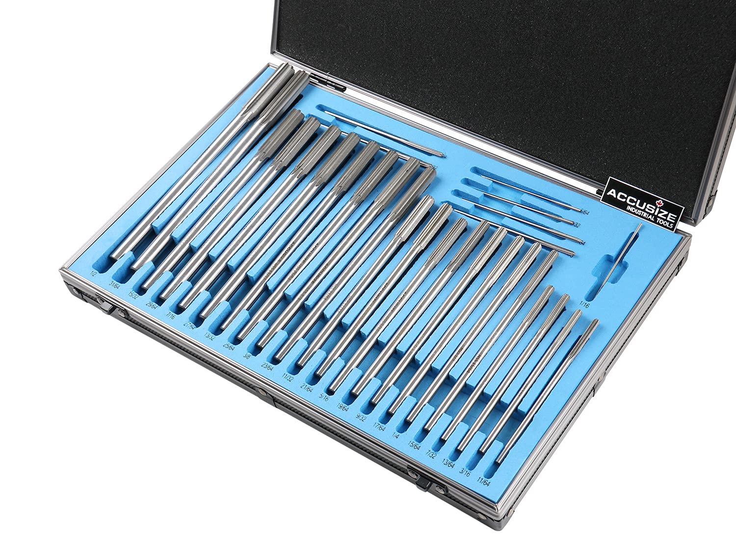 Accusize Chucking Reamer Set, 1/16" to 1/2" by 1/64", 29 Pc
