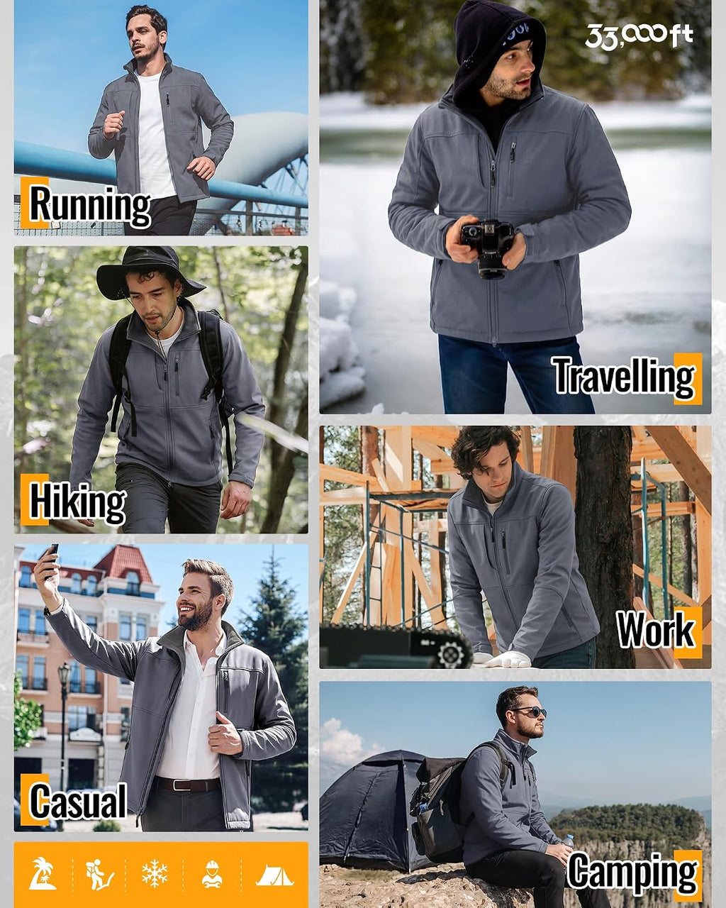 33,000ft Men's Lightweight Softshell Jacket Fleece Waterproof Windbreaker