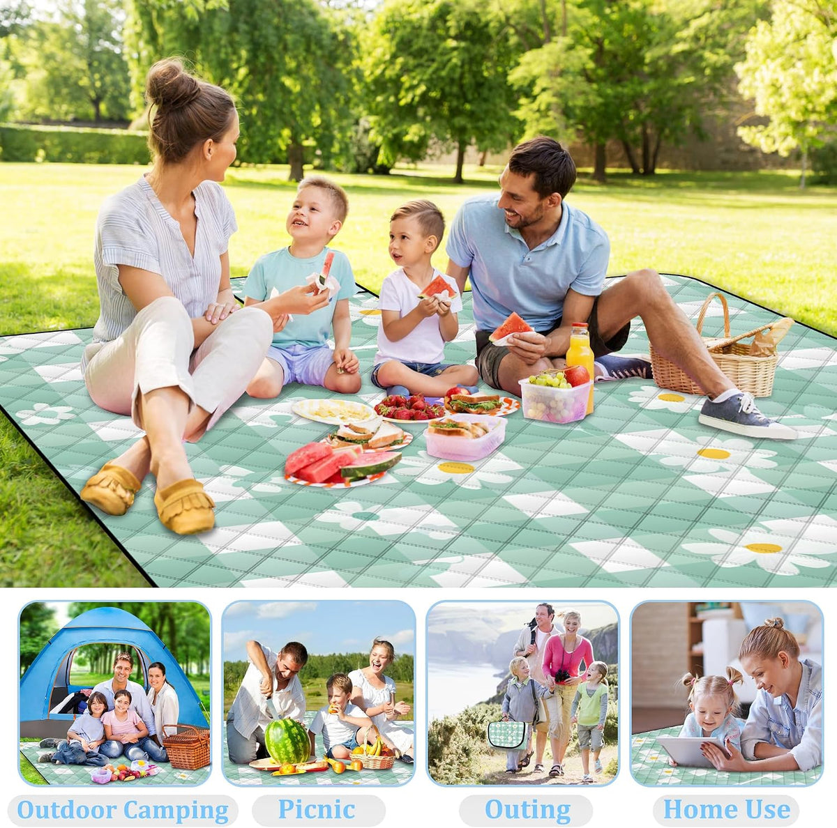 Extra Large Picnic Blanket Waterproof,80"x 80"Foldable Machine Washable Beach Blanket,Outdoor Blanket for 6-8 Adults,Suitable for Indoor Crawling,Park Beach,Camping,Hiking,Family Travel(Light green)