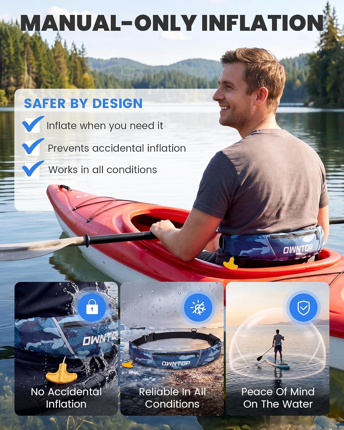 Owntop Manual Inflatable Belt Pack, Adults Swim Jacket with Blowpipe & Whistle, 24g CO2 Cylinder Included, Low Profile for Kayaking, Fishing, Paddle Sports
