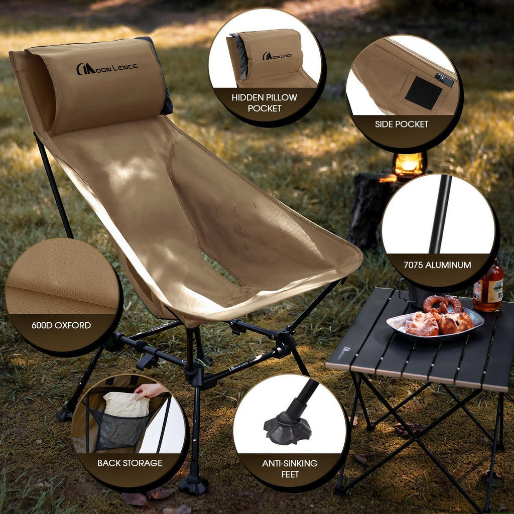 MOON LENCE Oversized High Back Camping Chair for Adults, Height Adjustable Folding Camp Chair | 400 lbs Capacity & 5.4 lbs Weight, Hidden Pillow Pocket Wide Seat for Camping Fishing Overlanding, Khaki