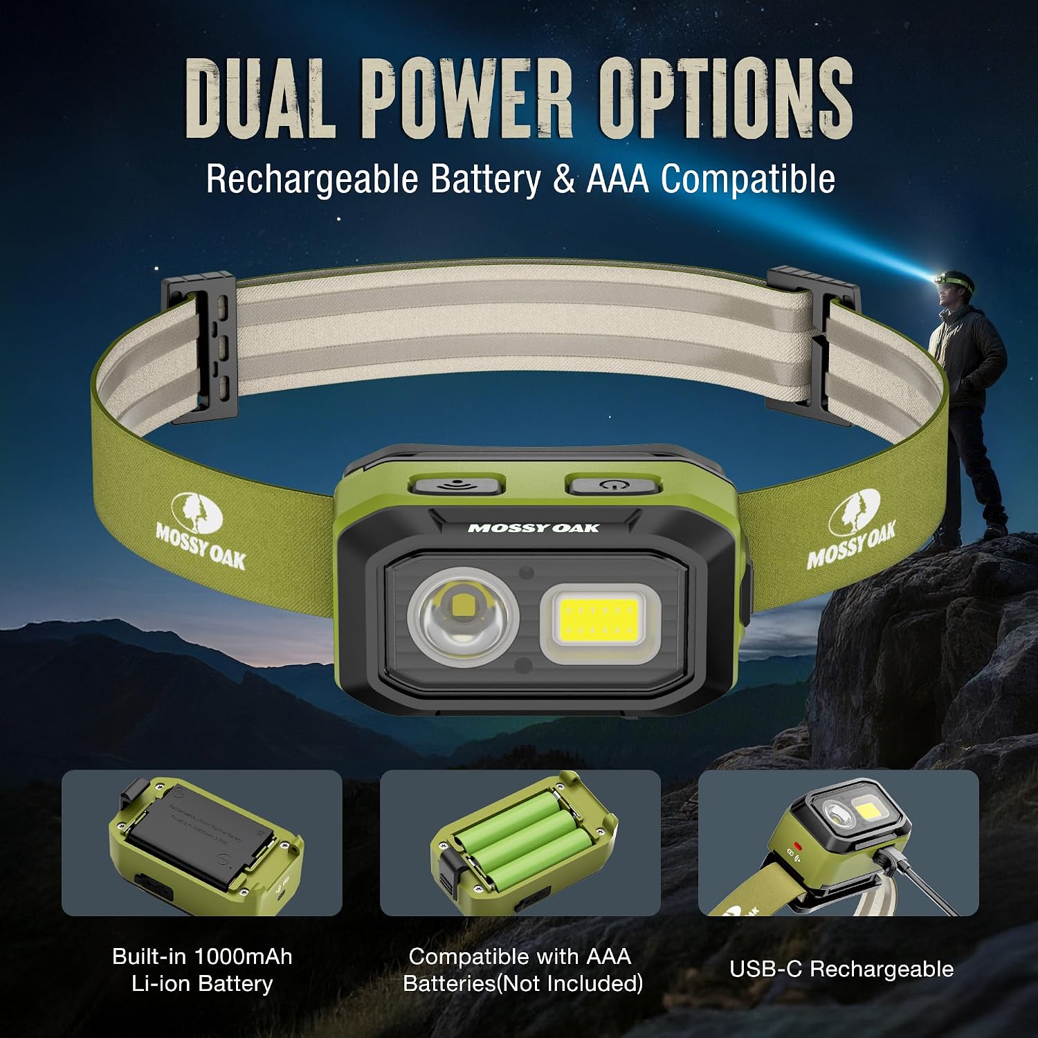 Mossy Oak 600 Lumens Headlamp, Dual Power with Motion Sensor and Magnet
