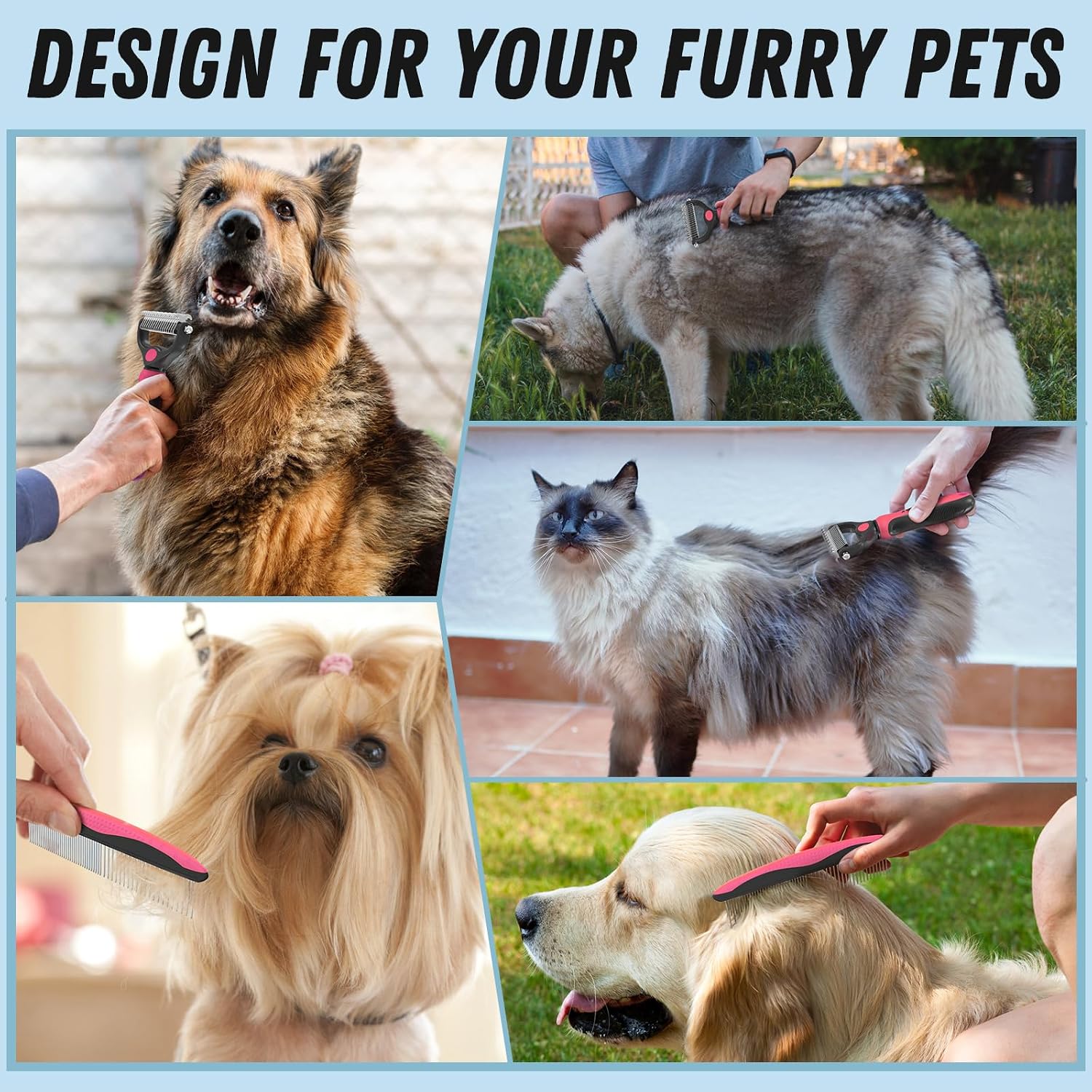 Docrok Pet Grooming Brush and Metal Comb Combo for Dogs & Cats, Pink
