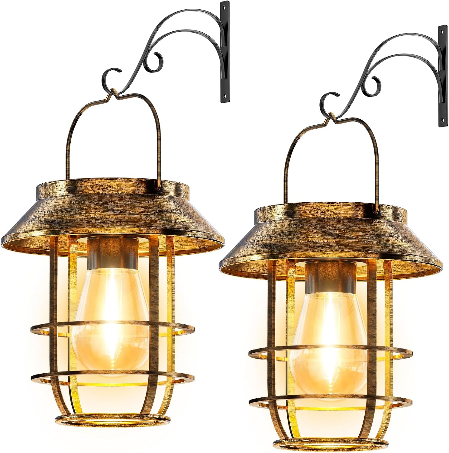 2 Pack Solar Lanterns Outdoor Waterproof, Retro Metal Hanging Lantern