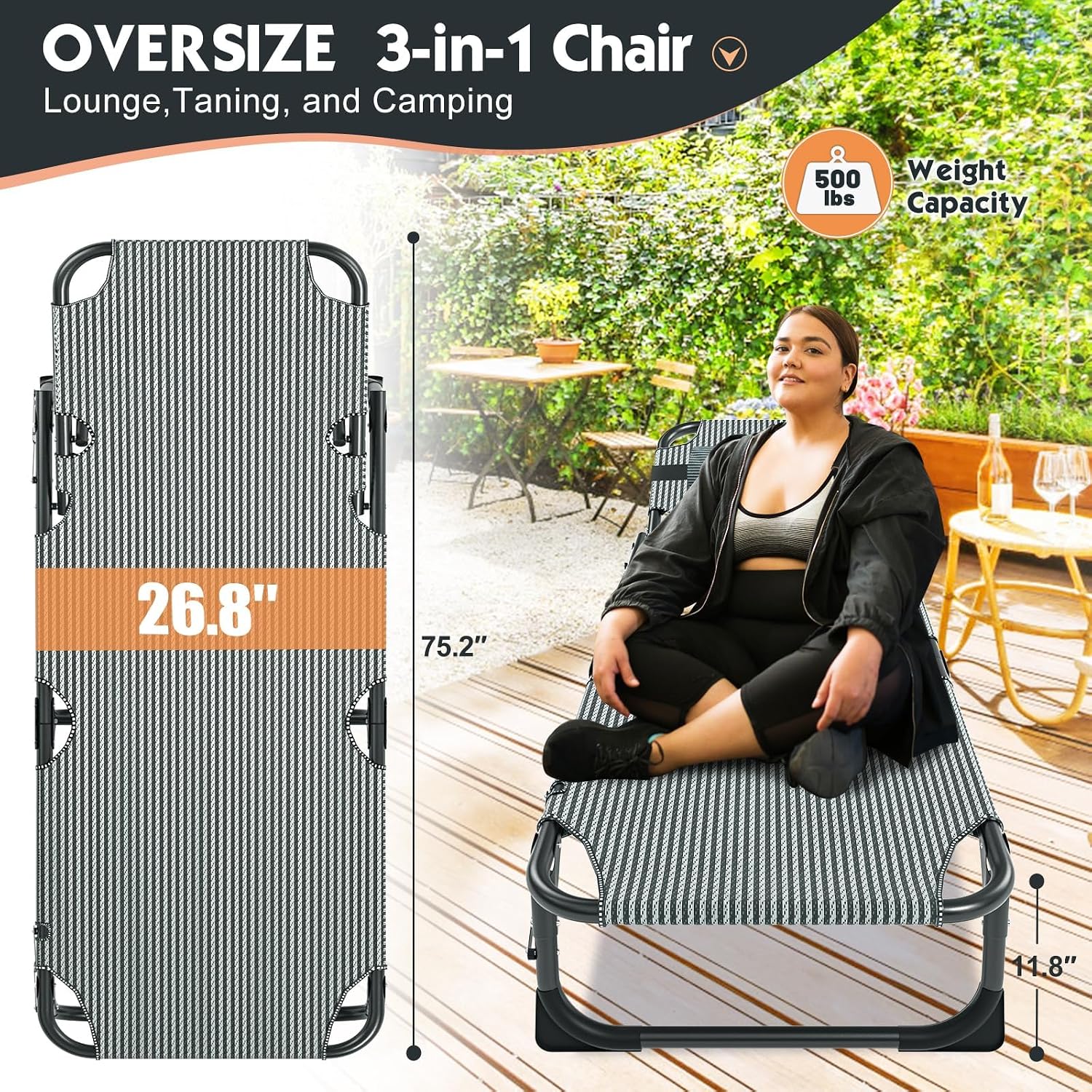 MOPHOTO Folding Lounge Chair, 5-Position Chaise Lounge with Padded Cushion
