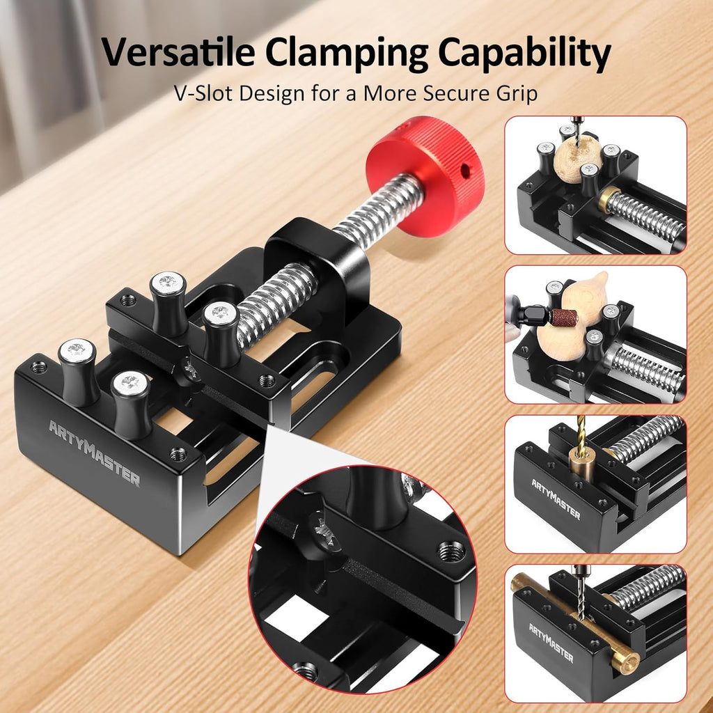 ArtyMaster Mini Drill Press Vise with Rubber Soft Jaws, 0-2.48" Clamping Range Mini Vice Clamp for Crafts, Jewelry Making, Modeling and Repairs, Precision Aluminum Small Vise for Small Projects