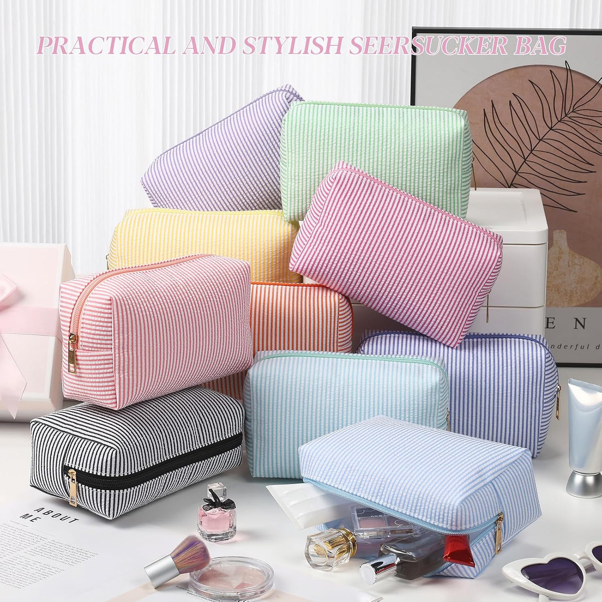 Sanwuta 20 Pcs Seersucker Cosmetic Bags Bulk, Striped Zippered,Bright