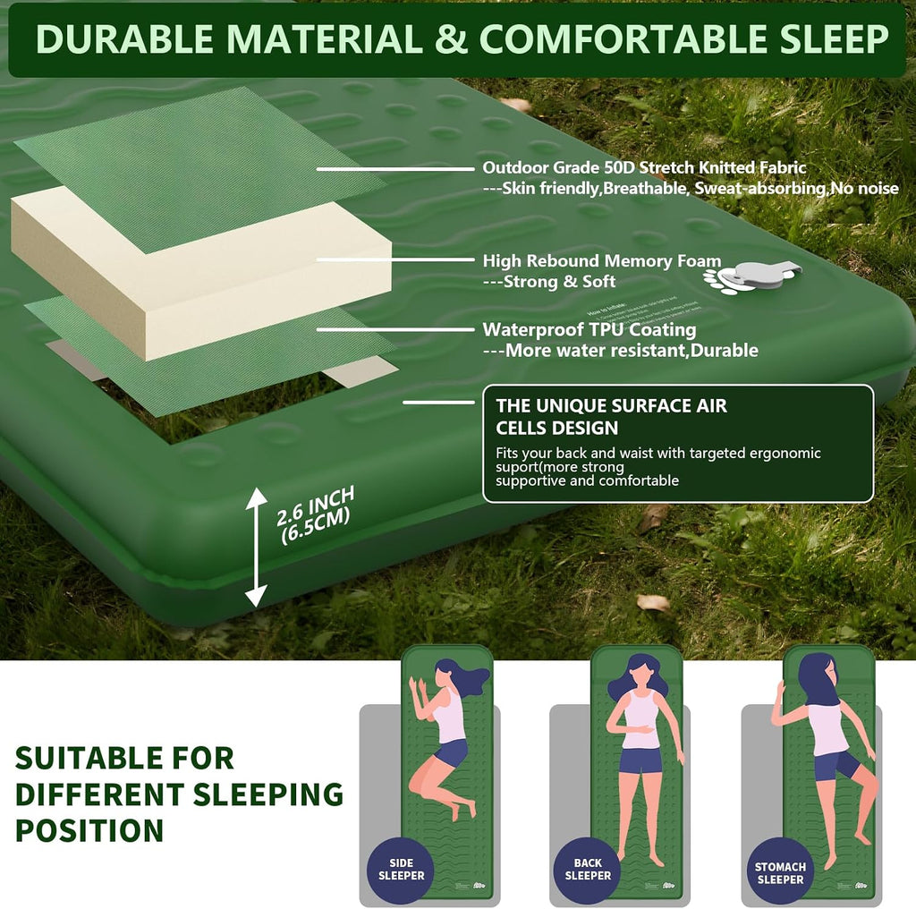 HiiPeak Memory Sleeping Pad, Compact 3" Thick Foam Sleeping Mats with Pillow, 9.5 R-Value Insulated Camping Mattress Pad, Easy Inflate & Deflate, Inflatable Sleep Mat for Backpacking Hiking Car Tent