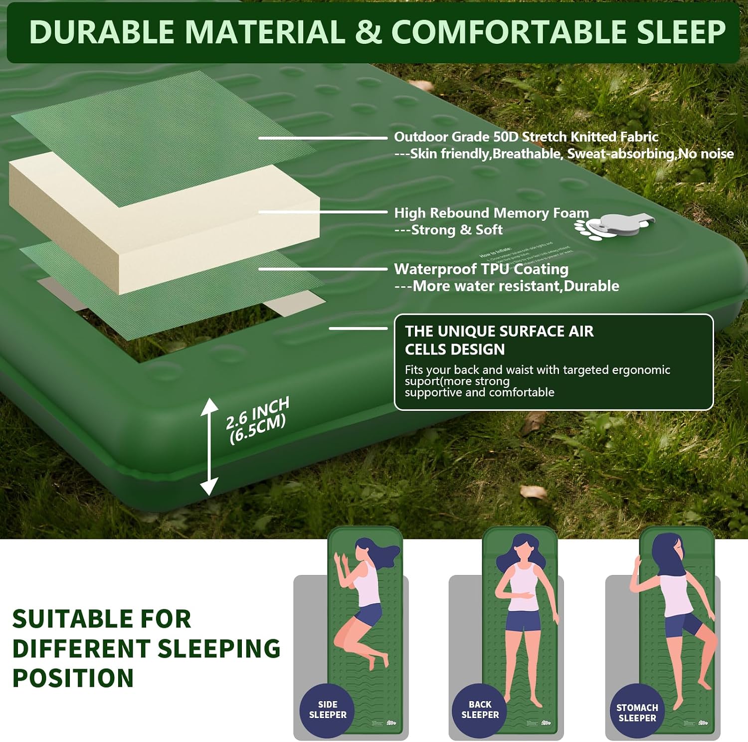 HiiPeak Memory Sleeping Pad, Compact 3" Thick Foam Sleeping Mats with Pillow, 9.5 R-Value Insulated Camping Mattress Pad, Easy Inflate & Deflate, Inflatable Sleep Mat for Backpacking Hiking Car Tent