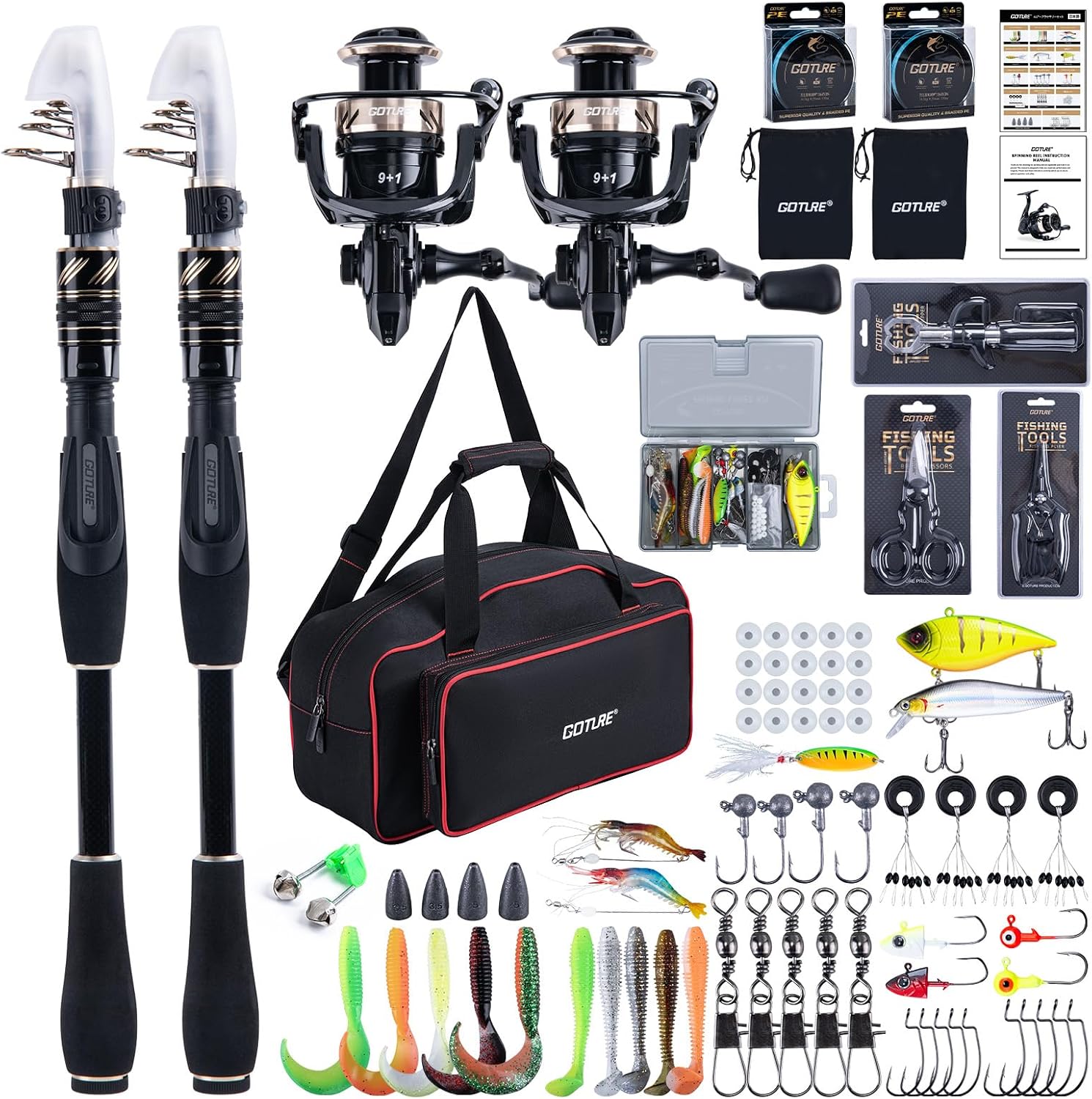 GOTURE Telescopic Fishing Rod and Reel Combos, Carbon Fiber Travel Fishing Pole, 9+1 BB Spinning Reel, Saltwater Freshwater Fishing Gear Kit with Braided Line, Lures, Carrier Bag for Bass Trout