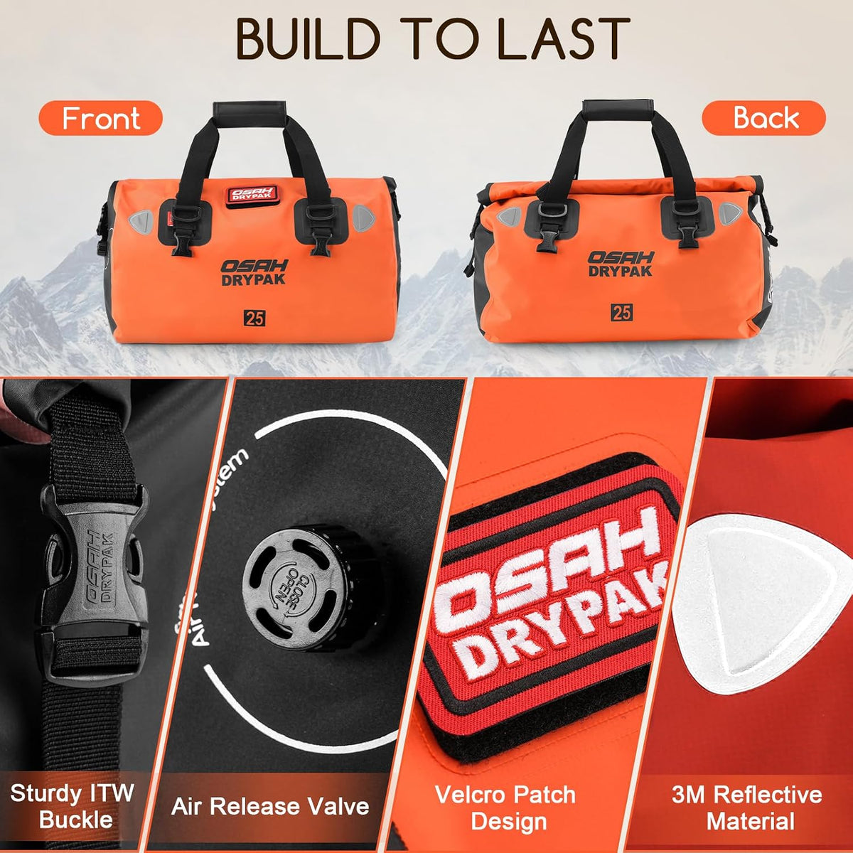 OSAH DRYPAK Waterproof Duffel Bag - Motorcycle Dry Bag Tail Bag with Large Storage Space, Waterproof Luggage Duffle Bags with Outer Mesh Zipper Pocket for Camping, Kayaking, Fishing & Traveling