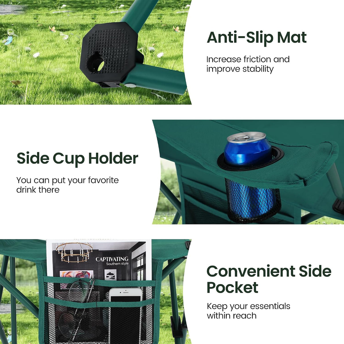 2 Pack Folding Camping Chairs Outdoor Lawn Chair Support 250lbs Green