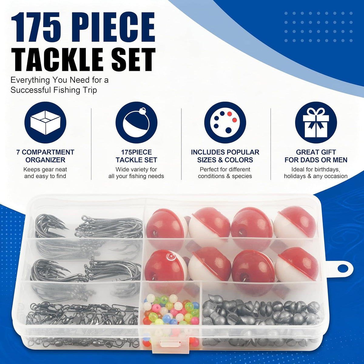 Fishing Bobbers Hooks and Weights Tackle Kit, 175pcs Beginners Equipment Include Fishing Hooks, Bobbers, Sinker Weights, Beads, Organized Tackle Box for Bass Trout Catfish Panfish
