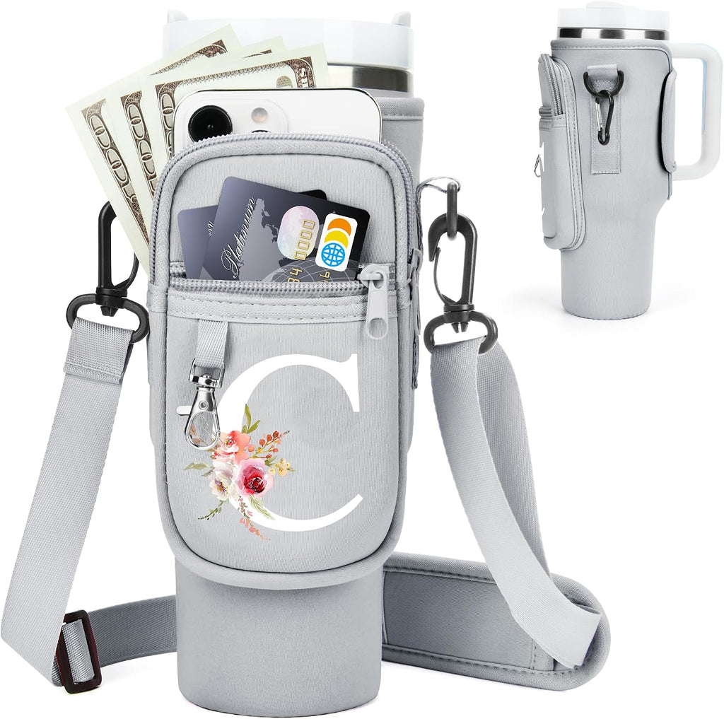 Initial Water Bottle Holder with Strap for Stanley Cup Accessories 40 oz/Simple Modern Tumbler, Birthdays for Women Girls, Water Bottle Carrier Bag with Phone Pocket,Hiking Walking Gym Camping