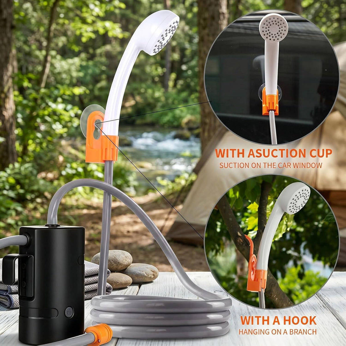 Portable Outdoor Shower, 2 Flow Mode, 4400mAh Battery Powered Shower Pump for Hiking/Backpacking, Travel, Beach, Pet, Flowering, IPX7 Waterproof &USB Rechargeable Camping Shower with 3 LED Lights…