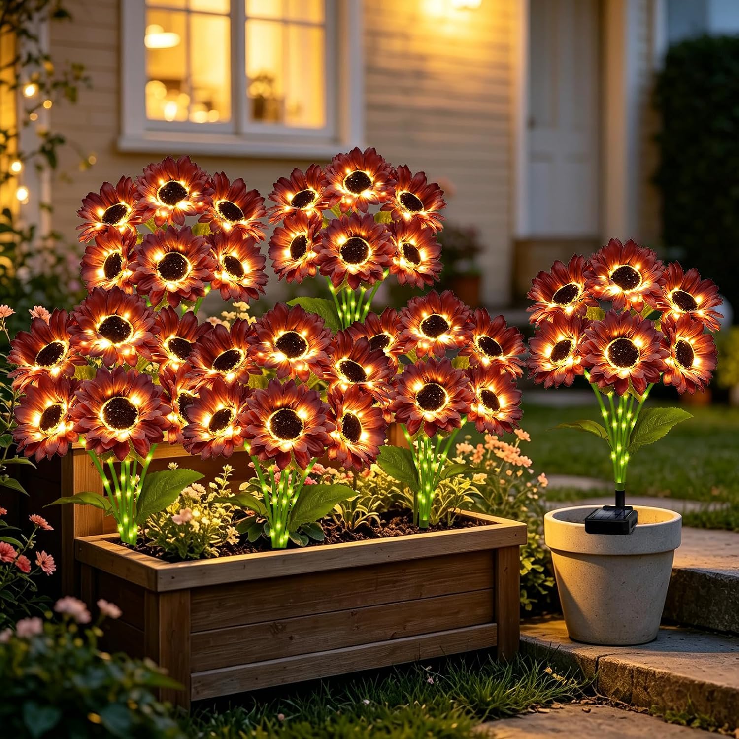 MRHEPHAESTUS Solar Garden Lights Outdoor, 4 Pack Solar Brown Sunflower Lights with 18 Head 3.5 Inch Flowers, Waterproof Flowers Light Fall Decor Auto ON/Off for Garden Yard Patio, Gifts for Mom Women