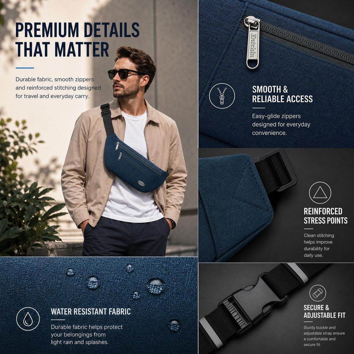 Entchin Water-Resistant Fanny Pack, 4-Zipper Belt Bag