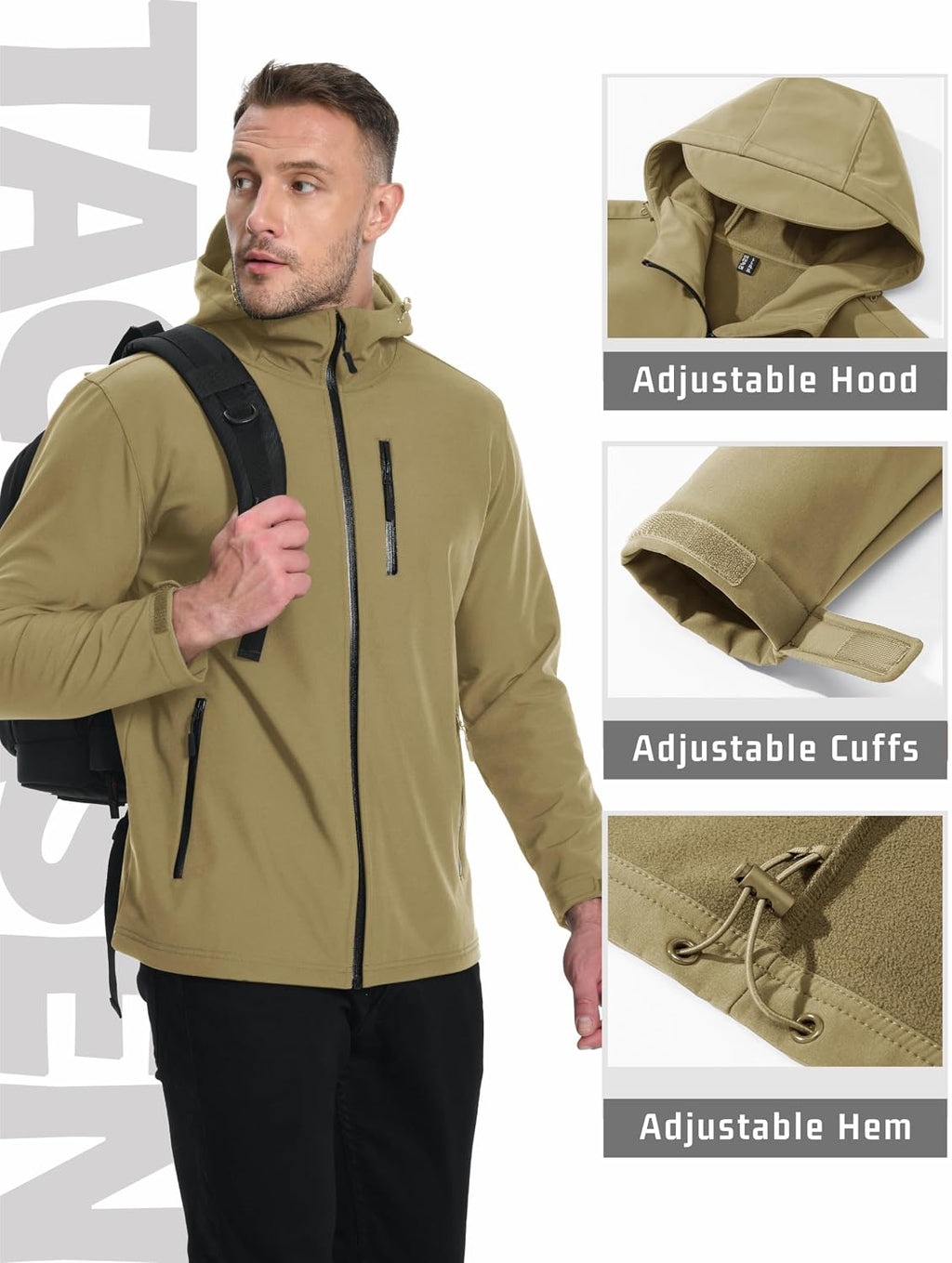 TACVASEN Mens Hooded Fleece Lined Waterproof Softshell Jacket Lightweight
