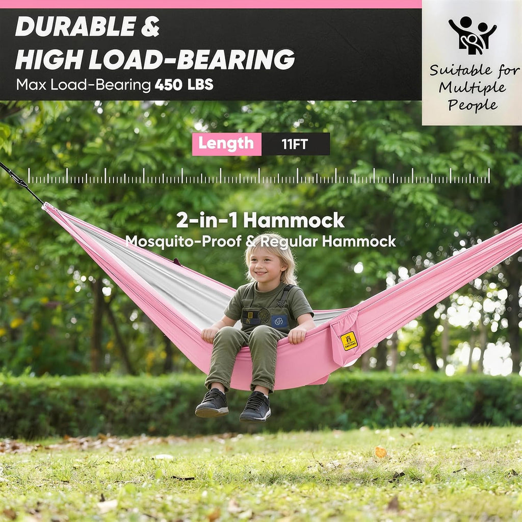 Small Camping Hammock with Mosquito Net, 450 lbs Portable Hammock with Tree Straps, 2-in-1 Double/Single Travel Hammocks, Hammock for Outside/Indoor/Backpacking/Beach - Pink & White