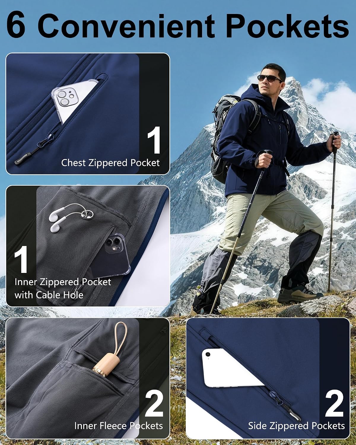 Outdoor Ventures Men's Softshell Jacket Waterproof Fleece Rain Shell Coat