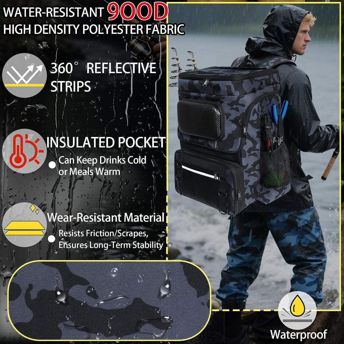 Fishing Backpack with Rod Holder, Large 50L Tackle Bag Water Resistant Tackle Backpack Heavy Duty Fishing Bag Gift for Men Woman