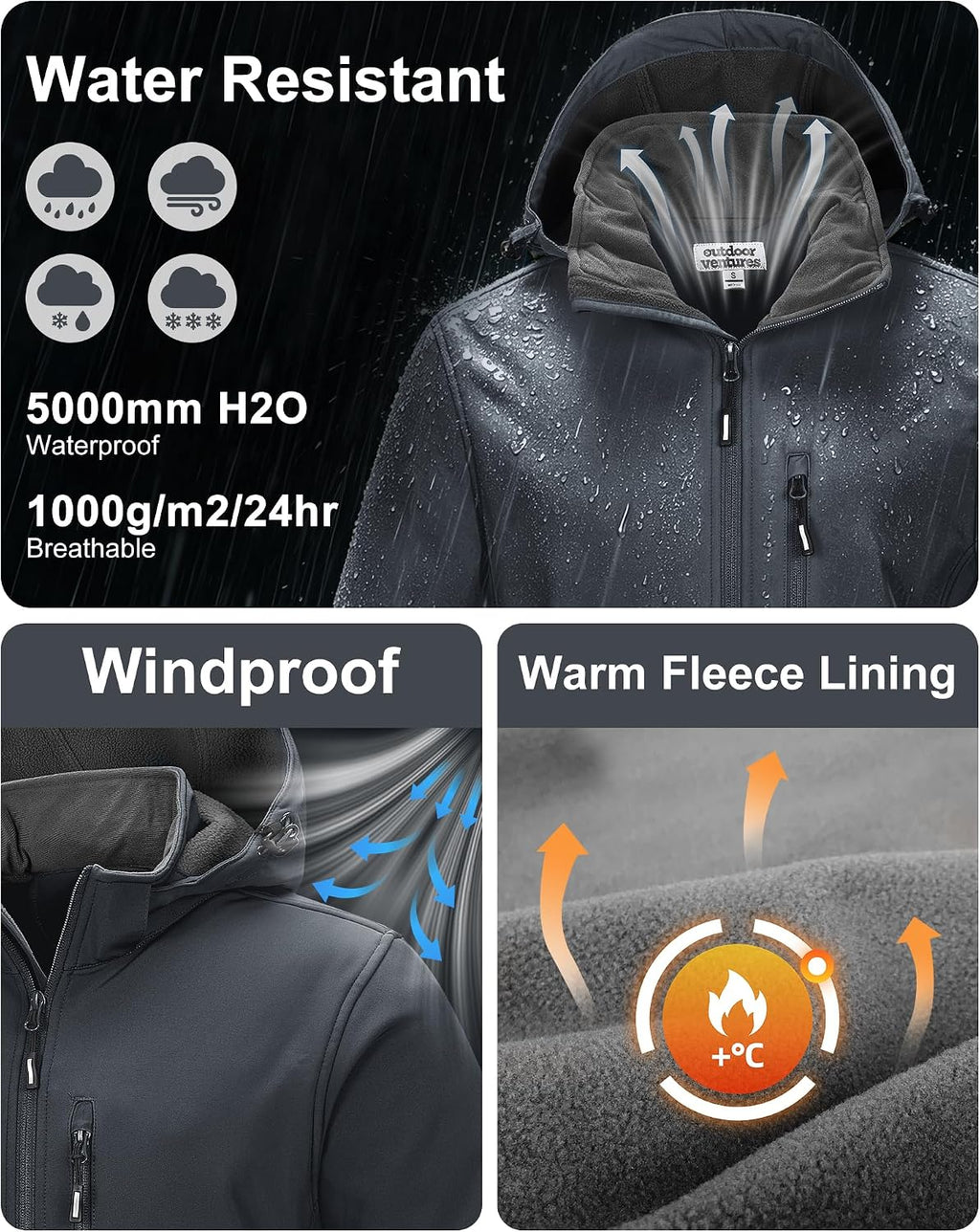 Outdoor Ventures Men's Softshell Jacket Waterproof Fleece Rain Shell Coat