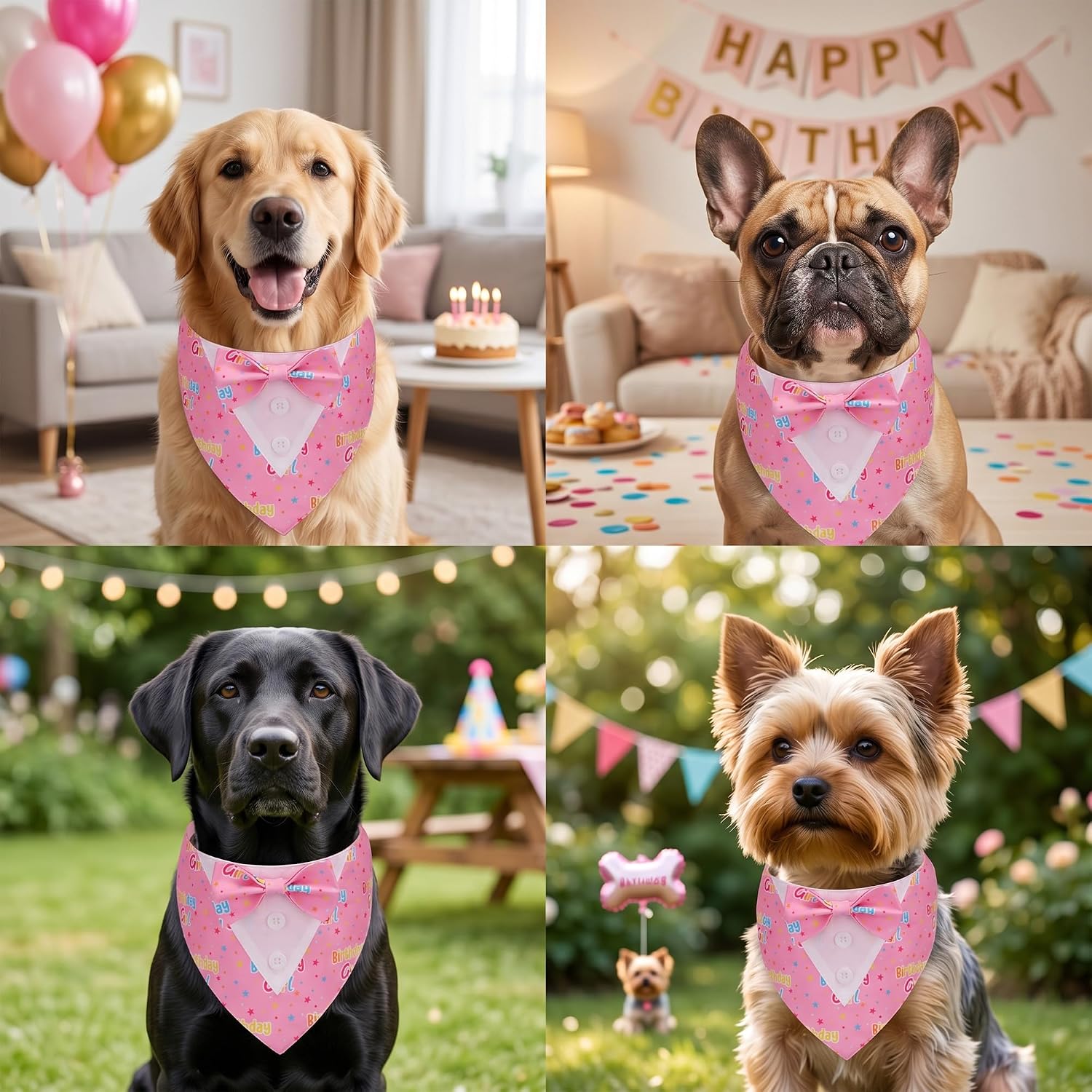 ADOGGYGO Birthday Dog Bandana with Bowtie, Pink Girl Dog Tuxedo, Large