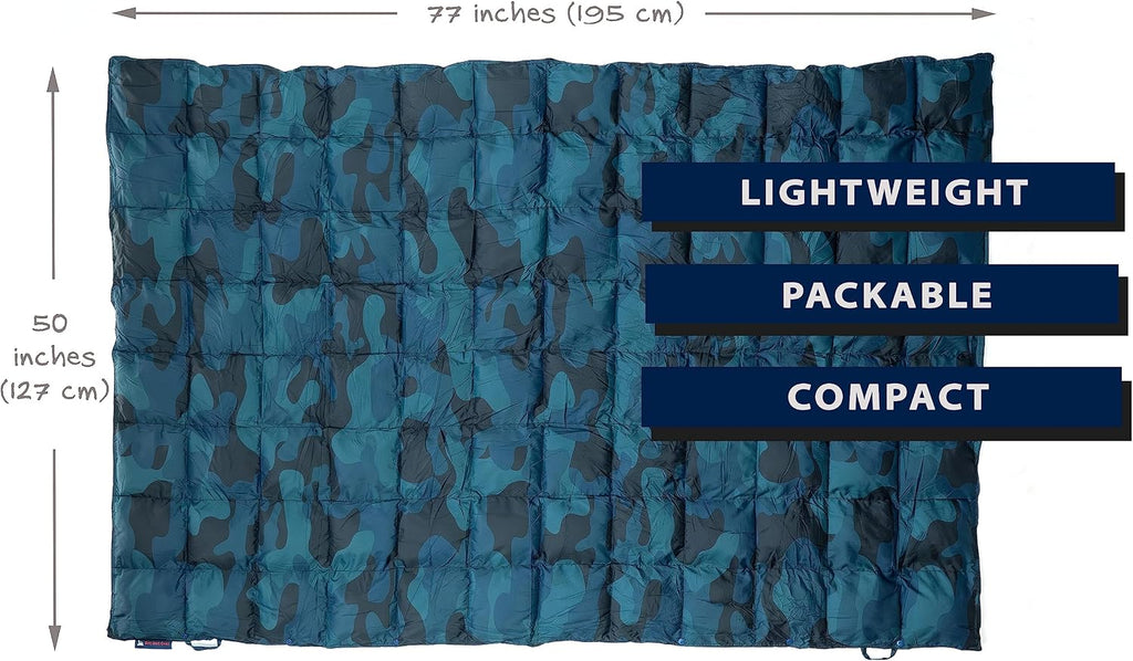 Get Out Gear Down Camping Blanket - Puffy, Packable, Lightweight and Warm | Ideal for Outdoors, Travel, Stadium, Festivals, Beach, Hammock | 650 Fill Power Water-Resistant Backpacking Quilt