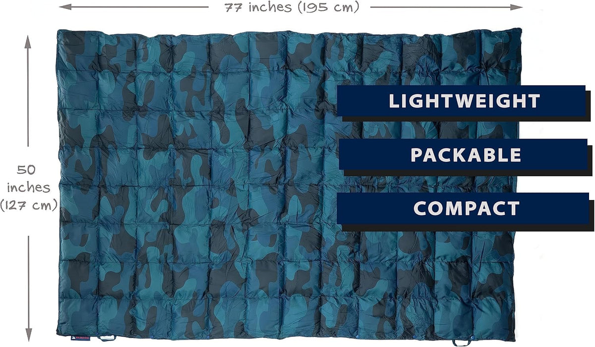 Get Out Gear Down Camping Blanket - Puffy, Packable, Lightweight and Warm | Ideal for Outdoors, Travel, Stadium, Festivals, Beach, Hammock | 650 Fill Power Water-Resistant Backpacking Quilt