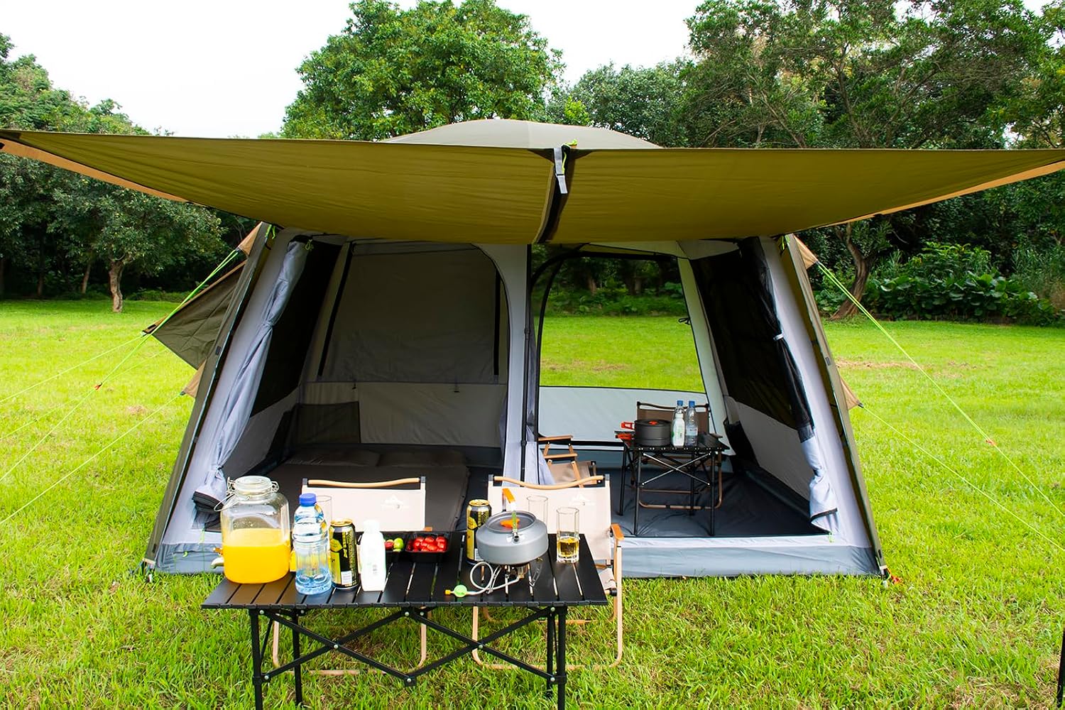 Three Bears 6-Person Tent, 3000mm Waterproof Double-Layer Tent with Room Dividers, Family Tent with Color-Coded Connection Buckles, Front and Rear Vestibules Can Be Set Up as Sunshade Canopies