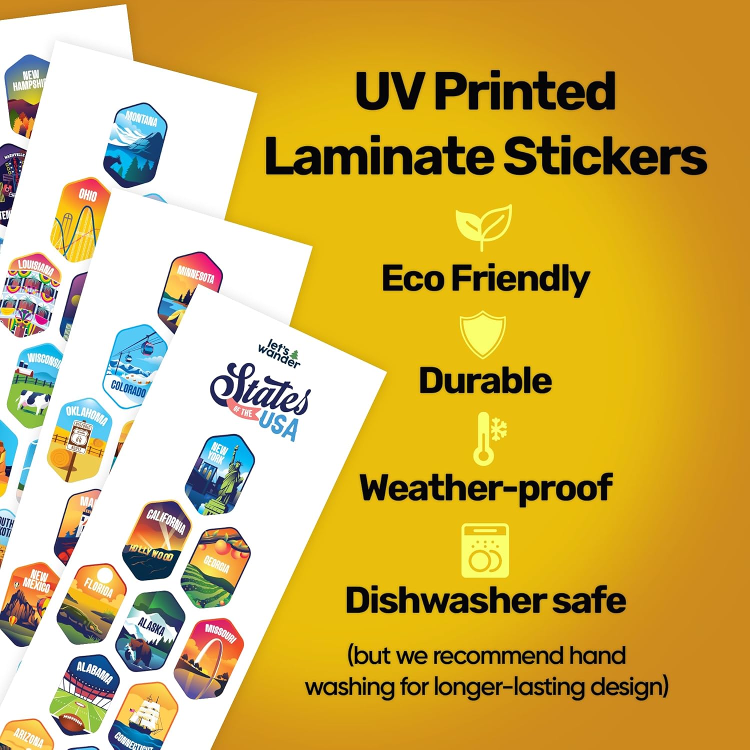 LET'S WANDER Lets Wander 50 States Water Bottle with Waterproof Stickers - 32oz Leakproof Insulated Stainless Steel with Straw - States of the USA Gift Bottle (Blue)